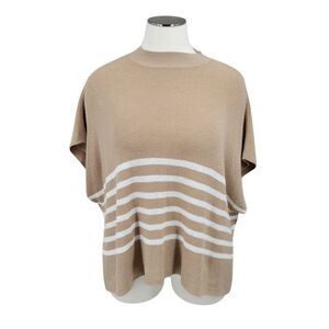 J. Crew One Size Sweater Poncho Tan White Stripes Mock Neck Women's